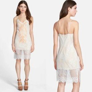 ASTR the Label Nude and Orange Lace Overlay V Neckline Slip Dress